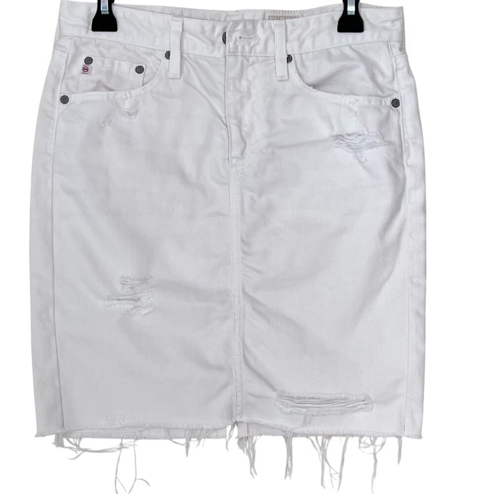 AG Adriano Goldschmied Erin Distressed Denim Pencil Skirt Raw Hem White USA 27